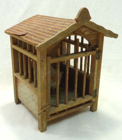 Early Bird in Wood Cage: Mechanical when door opens bird pops out. 5 1/4" x 5 1/2" x 9"