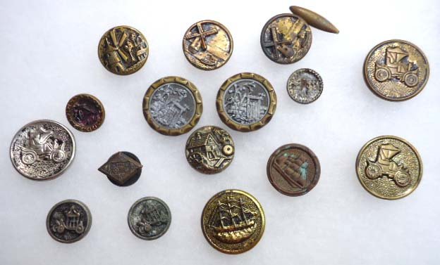 Windmills, Ships, Car Buttons: inc. 7/8" Ship Button, Pr. Of Rimmed Pewter 7/8" Heavy, Gate At The Wall Buttons, 9/16" Tinted Japanese Well Button. 3/4" lovely Mill on the Creek Button.