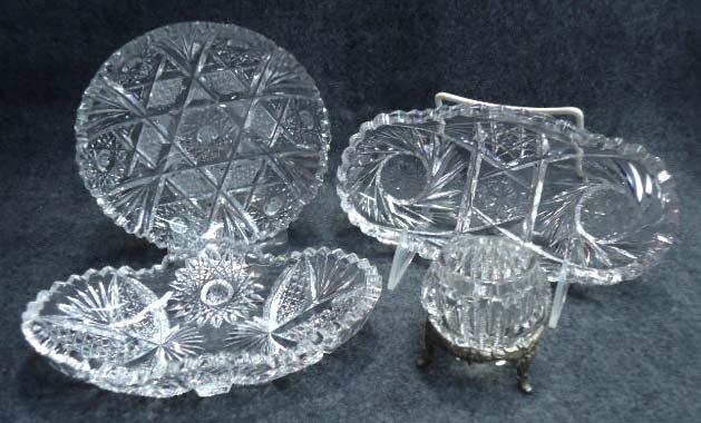 4pc Brilliant Cut Glass: 7"L & 7 3/4"L Trays, 5 3/4"L Round Plate, 2 1/4" W x 2 1/2"T Salt