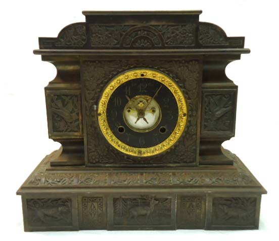 New Haven C.I. Mantle Clock: Ornate Cast w/ Birds, Dogs, & Deer. 13 1/4" x 15" x 5 3/4" Missing Front Door No Pendulum