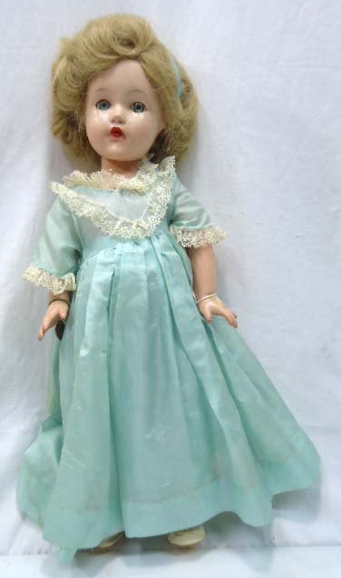1940's Effanbee Compo " Little Lady" Doll: 17 1/2" Has Orig. Dress & Heart Bracelet