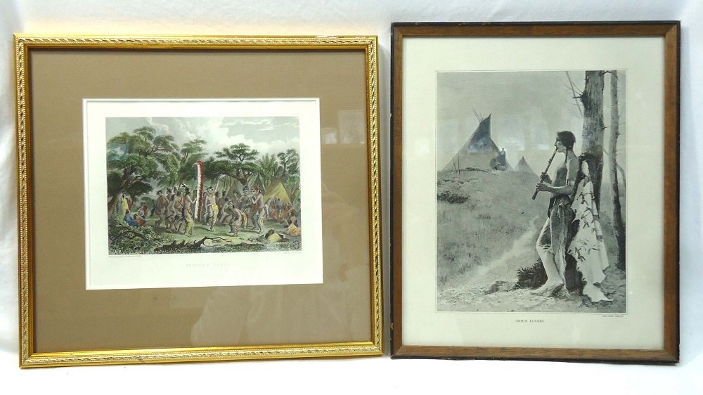 2 Indian Prints: Engraving by Capt. S. Eastman USA Print "Sioux Lover" by De Cost Smith 14" x 11 3/4" & 14 1/2" x 13 1/4" Frames