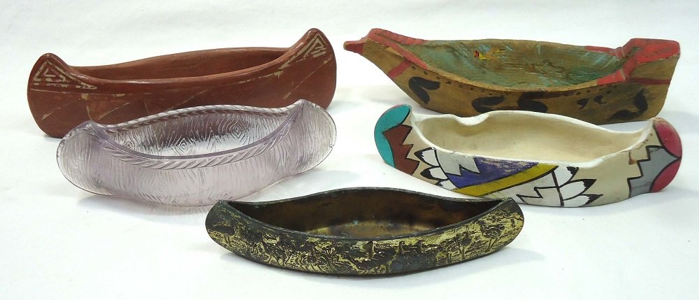5 Souvenir Canoes: Glass, Wood, Metal, & Pottery 6"L - 8"L