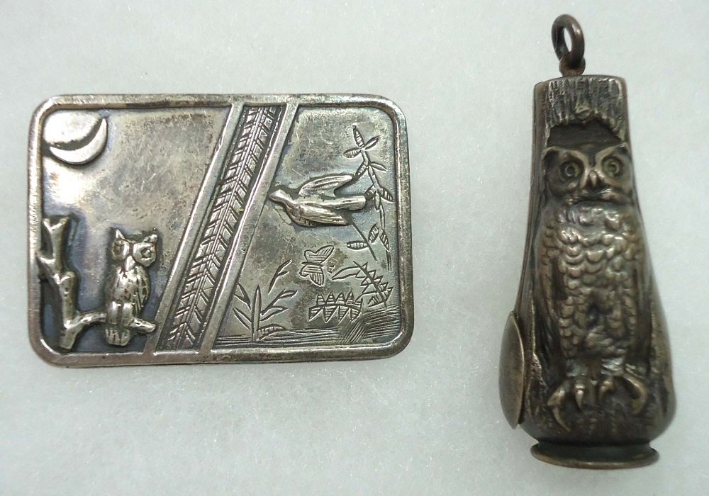 Sterling Owl Cigar Cutter & Pin: 22g. 1 3/4" Cutter 1" x 1 1/2"Pin