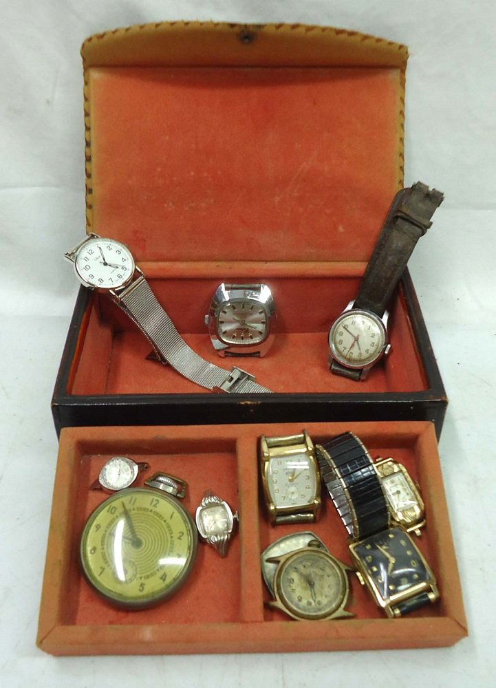 Leather Jewelry Box w/ Watches: Bulovas & Others 6 3/4" x 4" x 2 1/4" Box