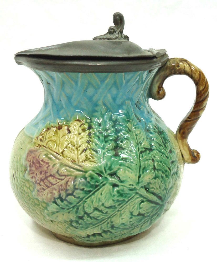 Majolica Pitcher w/ Pewter Lid: 5"T x 4 1/4" x 4"