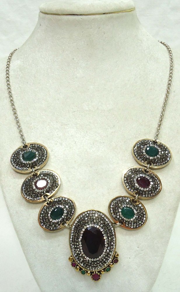 Sterling Necklace w/ Emeralds & Rubys: mkd 925 and set with genuine rubys, emeralds & quartz 19 1/2"