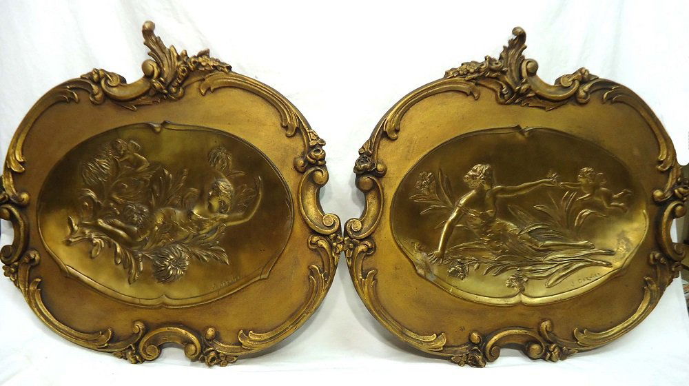 Pr. Nouveau Bronze Plaques: 18 1/2" x 20" Frame Sgnd. J. Garnier Set in Ornate Wood Frames Repair to Frames