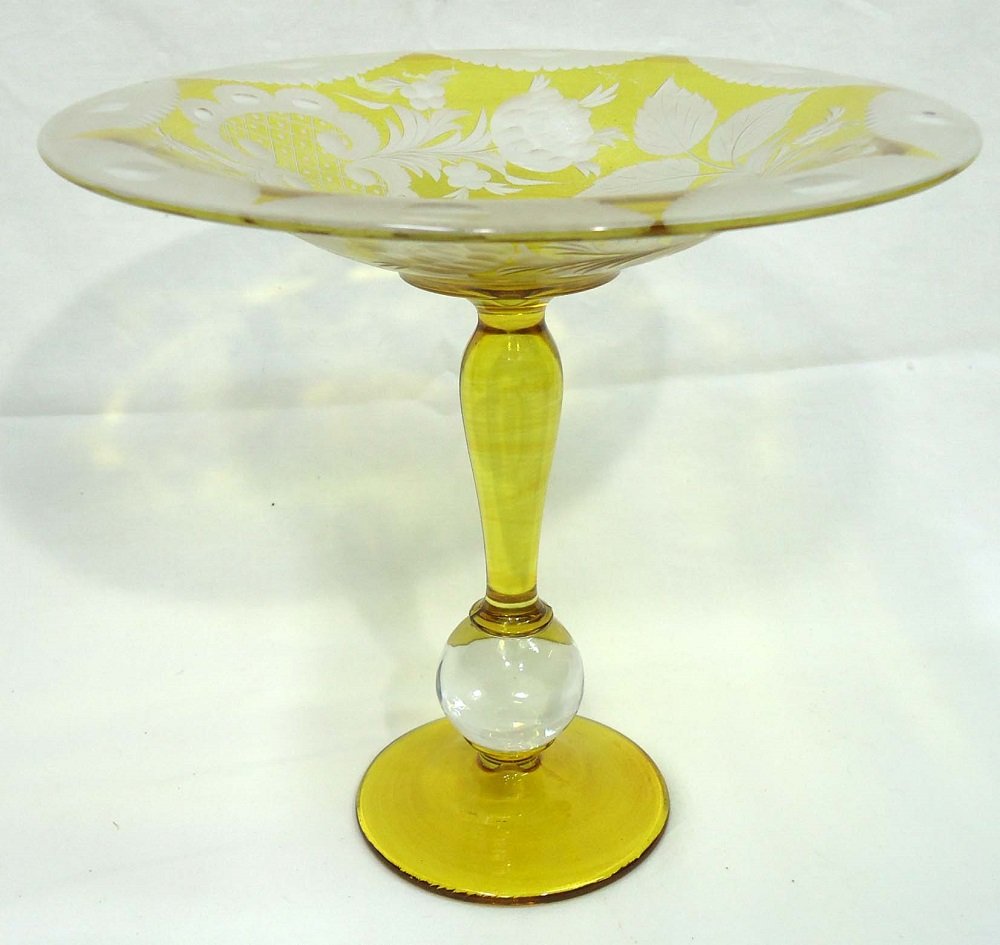 Pairpoint Compote: Amber Cut to Clear Unsigned. 7 1/2"t x 8 1/4"