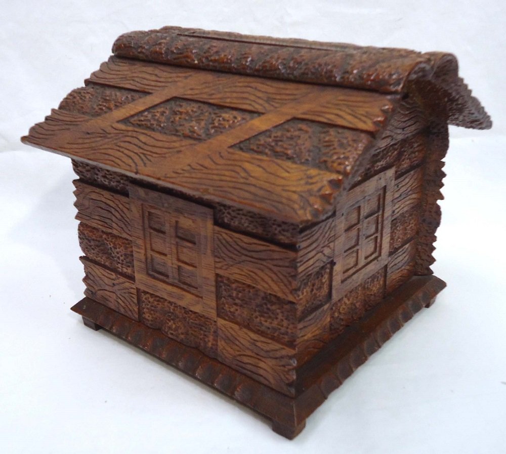 Black Forest Carved Cabin Box: 7 1/4"T x 8 1/4" x 8 1/8"