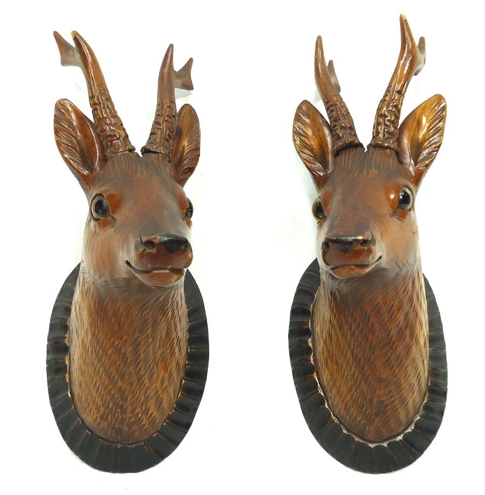 Black Forest Carved Pr. Deer Heads: Glass Eyes 10" x 6" x 4"