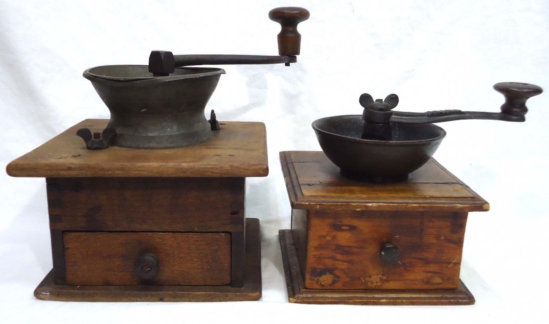2 Early Coffee Grinders: 6 3/4"T x 8" x 5 3/4", 9 1/2"T x 10" x 7 1/4"