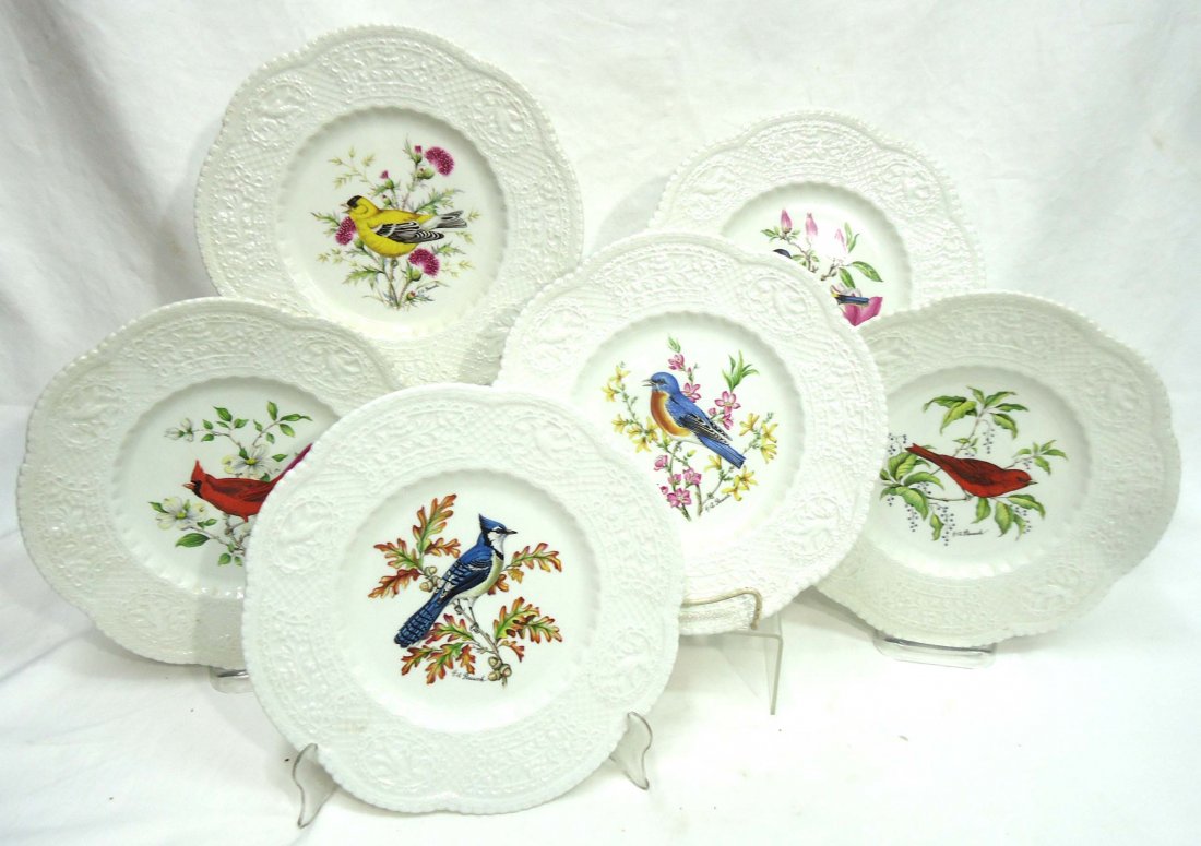 6 Royal Cauldon Ironstone Birdplates: 9" Blue Jay has Tight Hairline