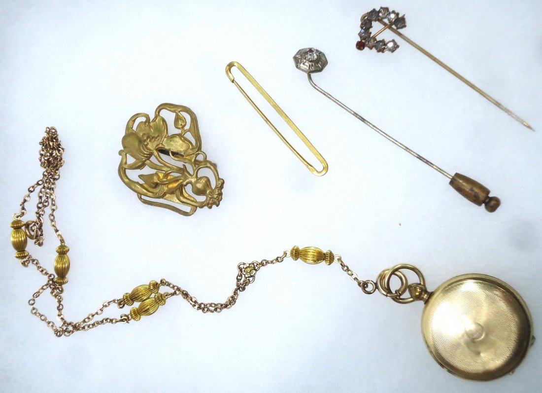 5pc Vict. Bits & Pcs.: Hair Locket & Chain, 1/2 of a buckle & Stick Pins