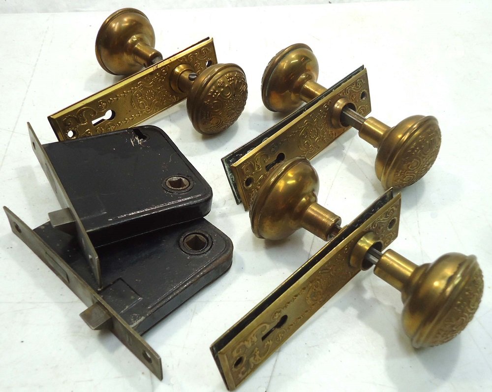 Ornate Brass Door Knob: 3 pr of doorknobs & plates and 2 locks