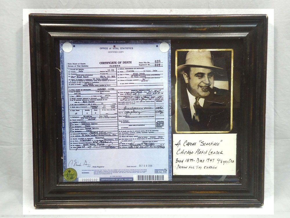 AL Capone Photo & Death Cert.: 17" x 14" Frame