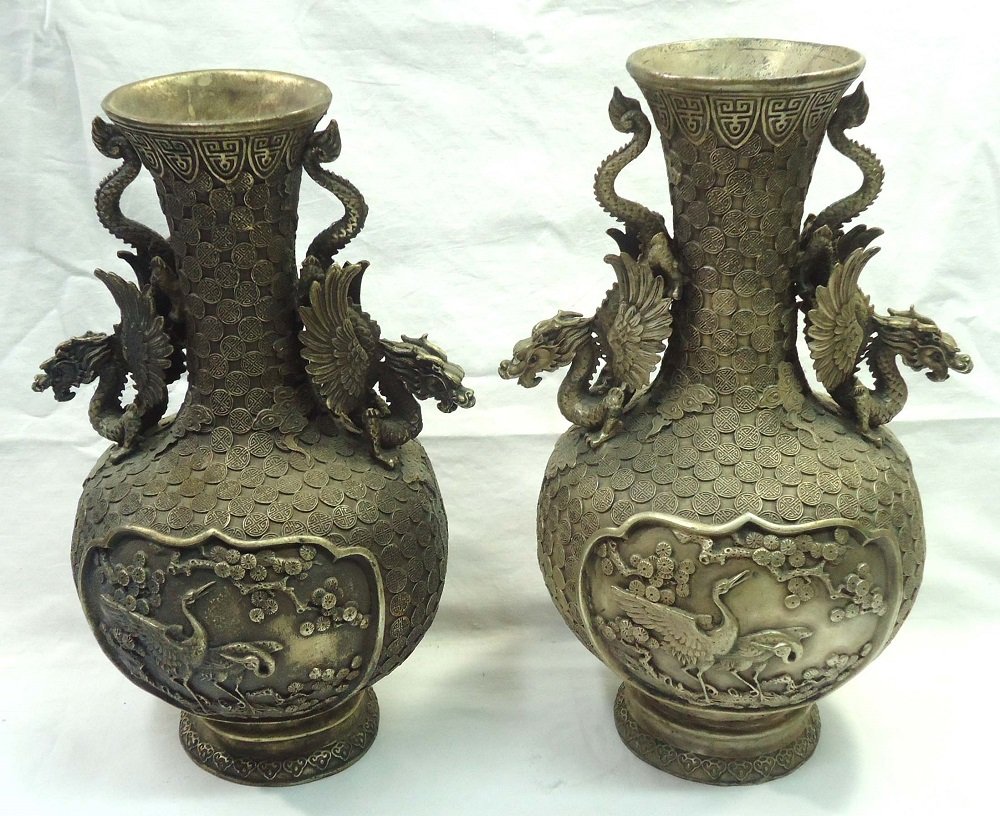 Pr. Ornate Oriental Vases: Silver over bronze perhaps? Very heavy 10lb each 14 1/4"T x 9" x 7 1/2"