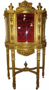 Bronze French Curio Cabinet: All Bronze w/ Curved Beveled Glass. 70"T x 39 1/2"W x 18 1/2"D