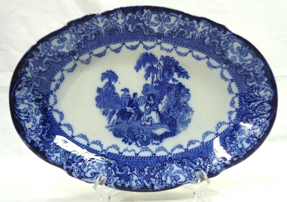 Flow Blue Platter: Watteau Pattern 10 1/2" x 7 1/4"