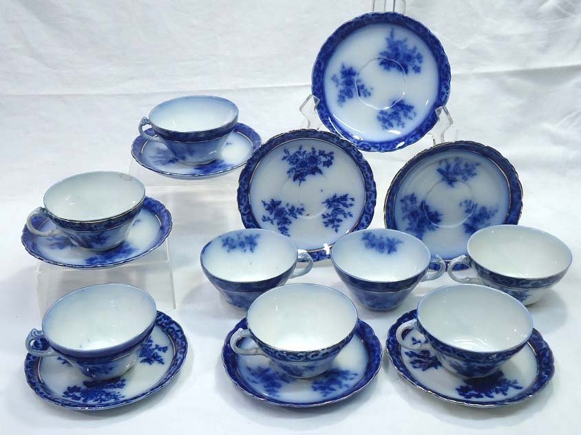 8 Flow Blue Cup & Saucers: 2"T cup, 6"W saucers Touraine Pattern