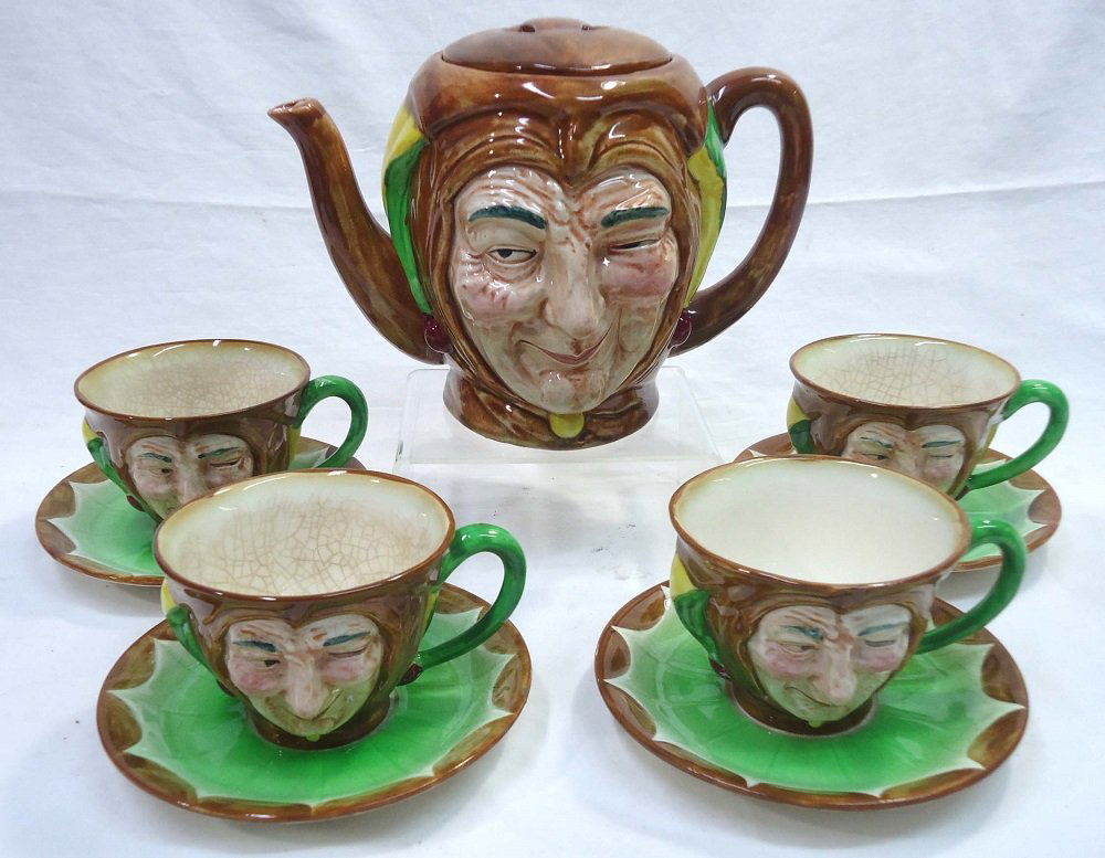 Occupied Japan Tea Set: Saucer 5 3/4", Cup 2 3/4"T, Tea Pot 6"T x 8 1/2" x 5 3/4"