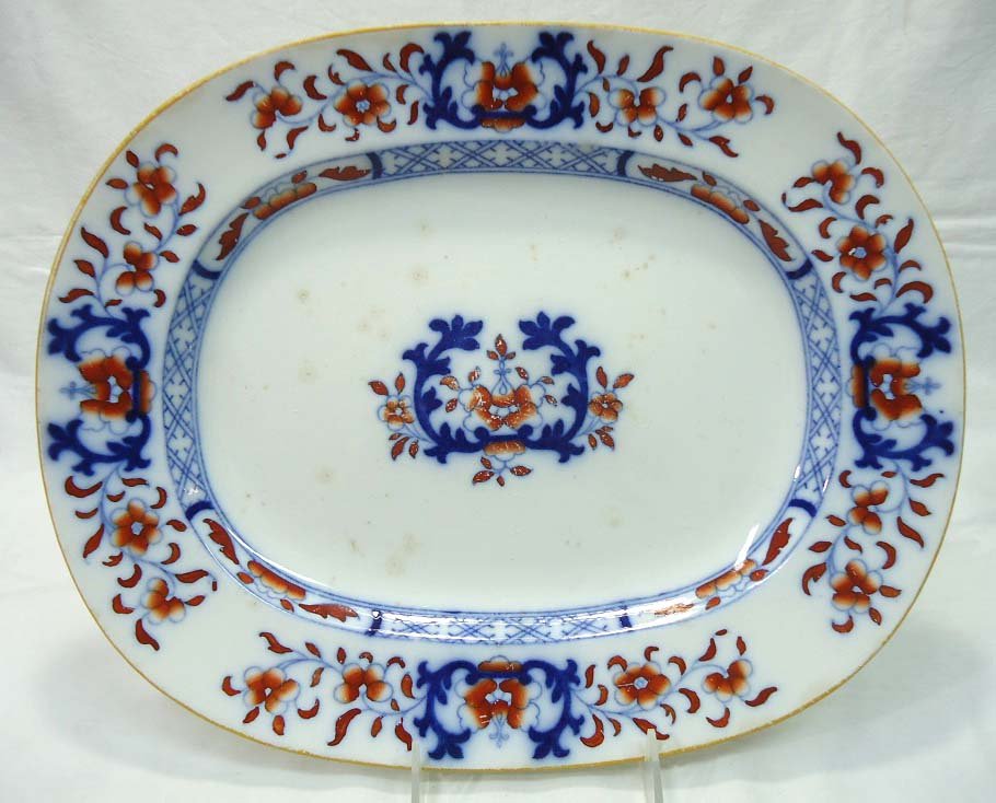 Flow Blue Polychrome Platter: 15" x 12"