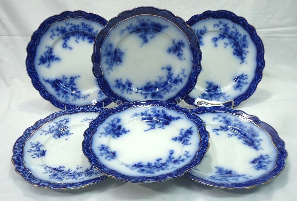 6 Flow Blue Plates: Touraine Pattern 10"