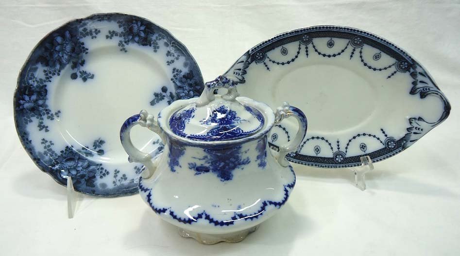 3 Flow Blue Misc. Items: 7 1/2" Plate, 9" x 5 3/4", 5 1/2"T