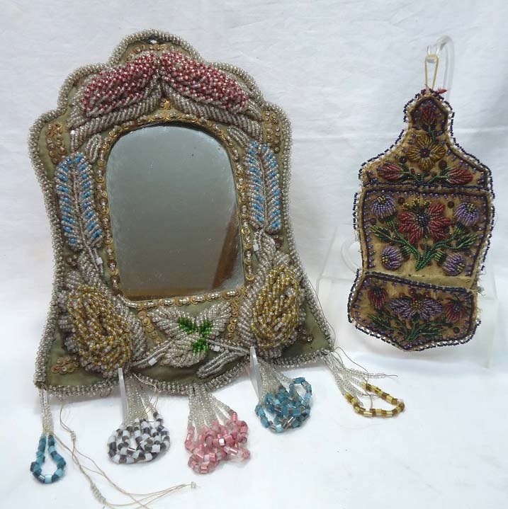2 Pc. Victorian Beadwork: 11 1/2" x 8 1/2" -Mirror, 8" x 4"- Wall Pocket