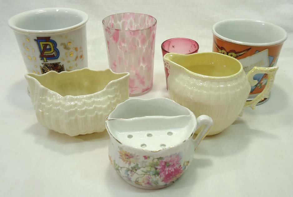 7 Pc. Misc Glassware: Beleek, Vict Shaving Mugs, Cranberry Tumblers