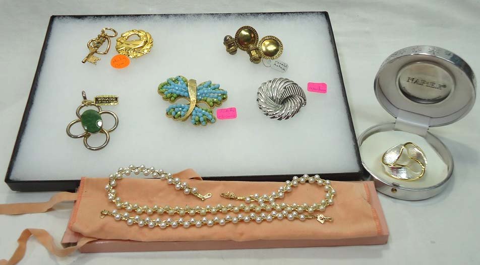 Designer Jewelry: J.M. McCann, Marboux Pins, Napier Brooch, Pierre Cardin Necklace, 2Pc. Coro Sterling Pins, Vermeil Antuck Earrings & Bracelet