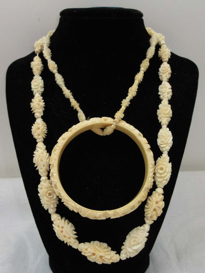 Carved Ivory 2pc Necklace Bracelet X: 37" Graduated Carved Floral Ivory Bead Necklace (1/2" to 1 3/16" Beads) w/ Hidden Clasp & 2 1/2" x 1/2" Carved Ivory Bangle Bracelet.