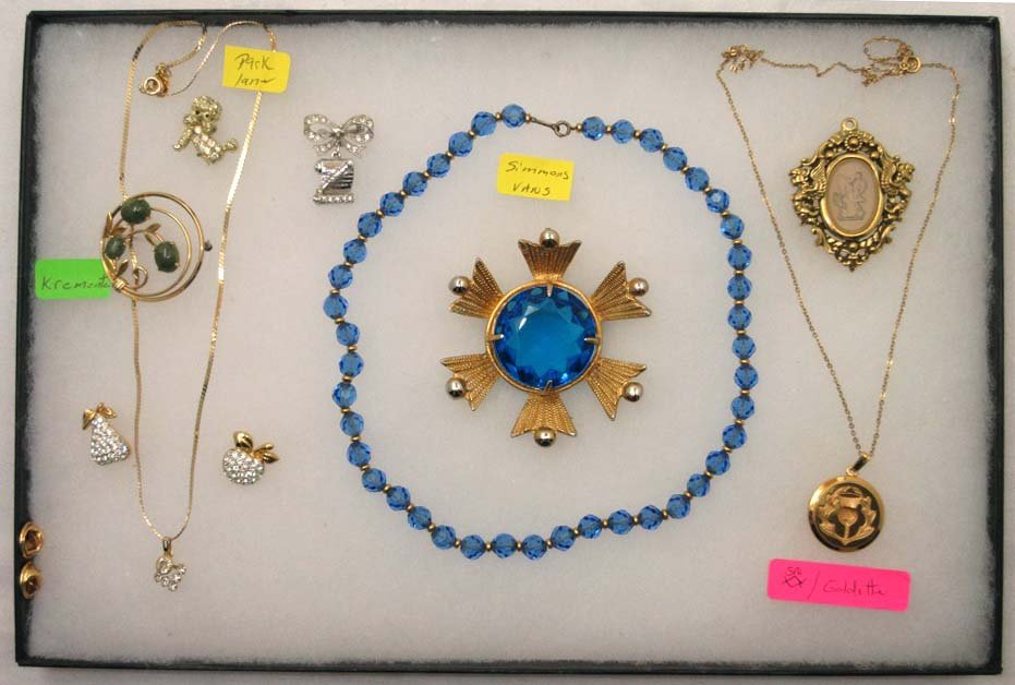 10 Pc. Designer Jewelry Collection: Inc. Simmons Blue Glass Choker, VANS Lg. Blue Glass Brooch, 2 Goldette Goldtone Neck & Intaglio Pin, Krementz Jade Pin, Park Lane Rhin. Necklace + More