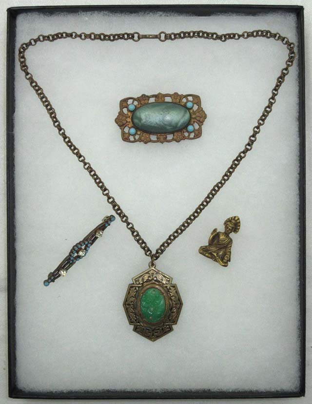 Asian Motif Victorian Jewelry, 4 Pc.: Inc. 16 1/2" Choker w/ 1 5/8" Peking Glass Pendant, 2" Brooch w/Celluloid Center Cab. 2" Turquoise & Rhin. Bar Pin. 1" Asian Lady Pin.