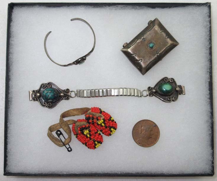 Misc. Mexican Collection, Inc. Infant's Turq. Bracelet: 1 1/2" Turq. Infants Bracelet, Green Turq. Ladies Watch Band, 1 1/2" Un-Mrkd Silver & Turq. Pill Box. Old Indian Seed Bead Shoe Pin.