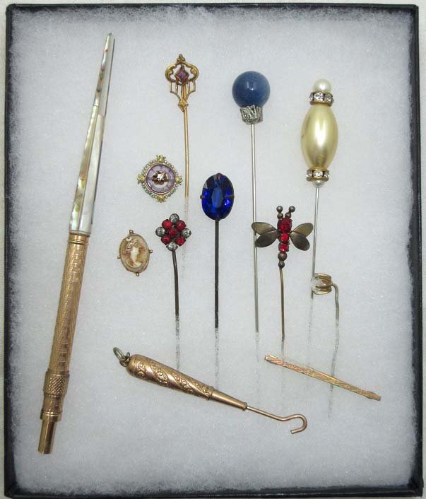 Victorian Stick Pin's, Pen, Chatelaine Hook: Inc. 5 1/4" MOP Nib Pen, 2" Gold Chatelaine Hook, 1 1/2" Vict. Bar Pin, 7 Asst. Stick Pin's + 2 Pretty Bit's.