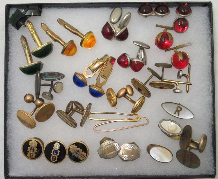 Coll. of Vict./ Early Colored Gls, Rhin. MOP Men's Jew: Green, Blue, Red Glass Cuff Links, Rhinestone, MOP, Enameled Cuff Links, Tie Clips, Collar's