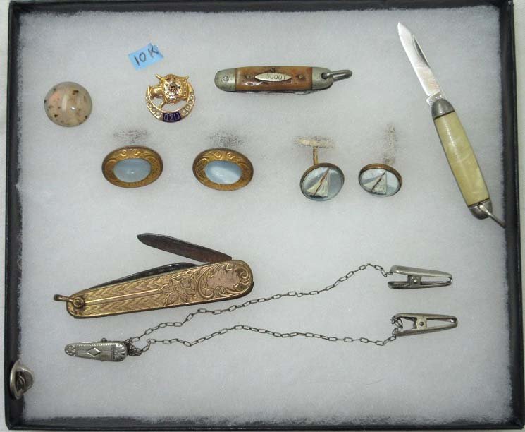 Sailboat Under Gls, Moonstone Cuff Links,Chatelaine Pc: 1/2" Sailboat Under Glass Cuff Links, 3/4" Moonstone Cuff Links, 3 Chatelaine Knifes, 10Kt Fraternity Pin,3 Clip ?