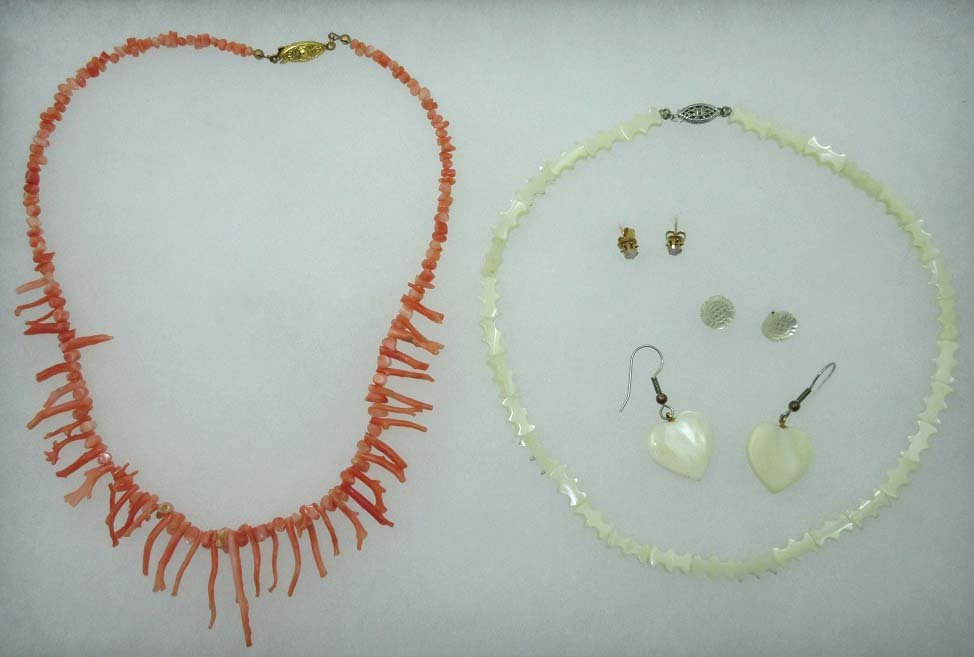 5 Pc. MOP & Coral Jewelry: Inc.16 1/2" Branch Coral Necklace, 16" MOP Bead Choker, 3/8" & 1" Pierced MOP Earrings. + Pr. Opal Pierced Earrings.