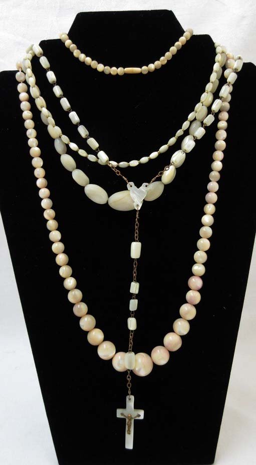 3 MOP Bead Necklaces & MOP Rosary: Inc. 16" Choker w/ Barrel Clasp, 16 1/2" Graduated MOP Bead Choker, 33" Graduated MOP Bead Necklace w/ Hidden Clasp & 36 1/2" MOP Rosary.