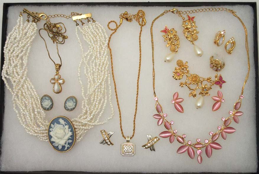 4 NR for Avon Set's + 3 Faux Opal Pc.'s: Inc.16" Multi-Strand Faux Pearl Floral Faux Wedgewood Neck/Earrings.17" Pink Moonglow & Rhin. Choker Set. 17" Gold/Silver Rhin.Necklace Set. 2 1/2" Flower & Butterfly Enameled, Rhin. & Faux Pearl Drop