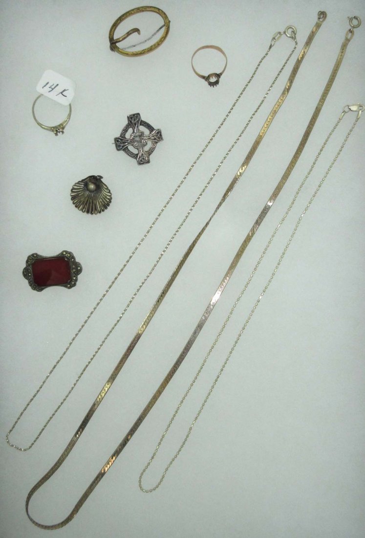 Sterling &14Kt. Jewelry: Inc. 8 1/2, 10" & 23 1/2" Sterling Neck.'s. 1"Hallmarkd Celtic Pin, Lovely 1 1/8" Carnelian/Marcasite Pin, 3/4" JewelArt Pend. All Mrkd Sterling. .670oz - 19.02g. 14Kt Ring (no Stone) 1.28g-.045oz. Vi