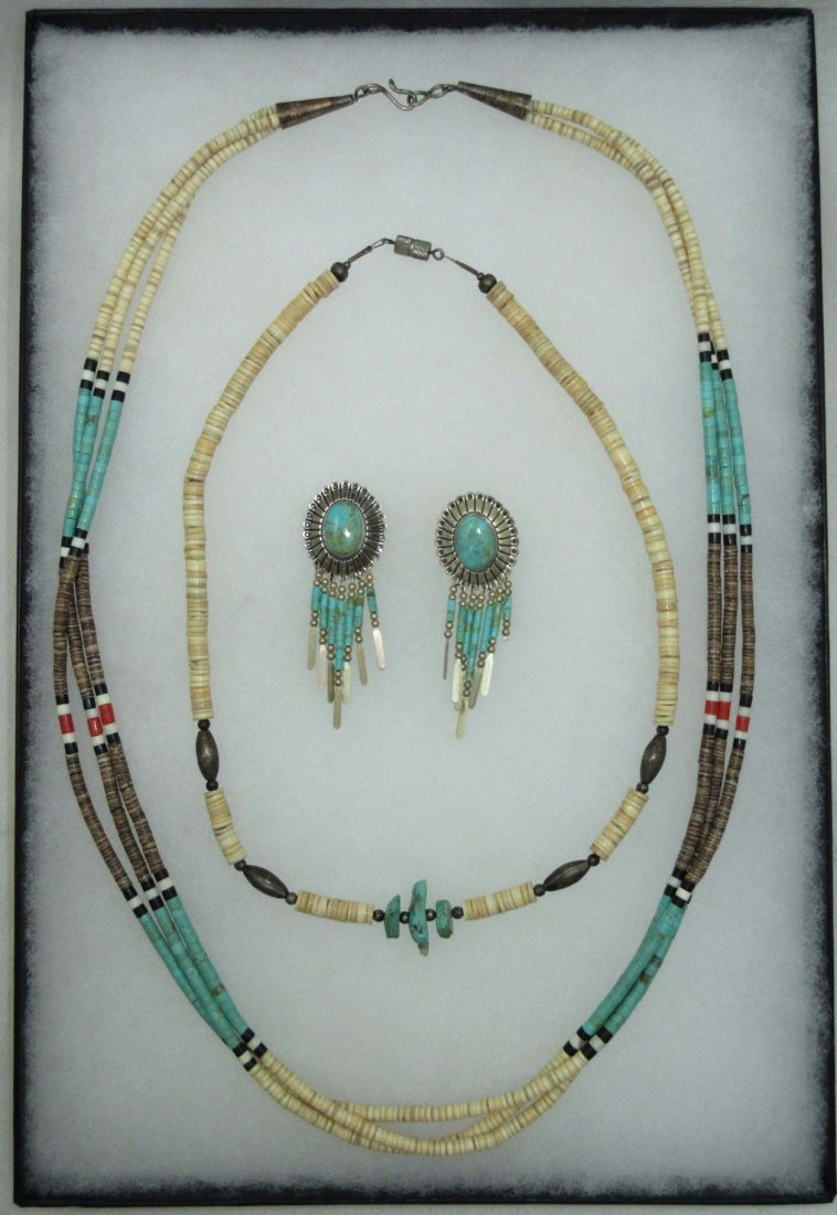 3 Pc. Nice Indian Turq/Stone Bead Jewelry: Inc. 27" Triple Strand Turq./Coral/Stone Bead Quality Necklace. 18 1/2" Turq.& Stone Bead Choker. 2 1/2" Sterling & Green Turq. Cab. Earrings.