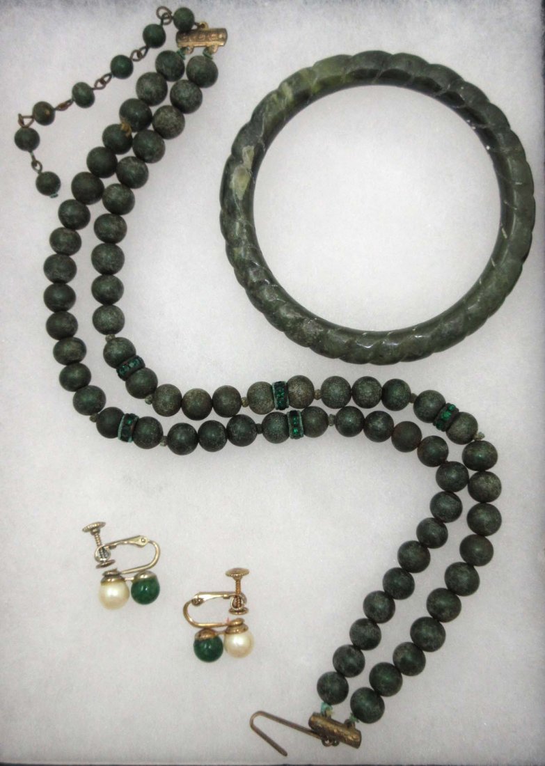 Old Dark Jade Choker & Bracelet: 12" - 2 Strand 8mm Dark Jade Bead Choker w/3" Ext. w/ Emerald Green Rhin. Rondelles. & 2 5/8" Dark Jade Bangle Bracelet. 5/8" Jade & Faux Pearl Earrings