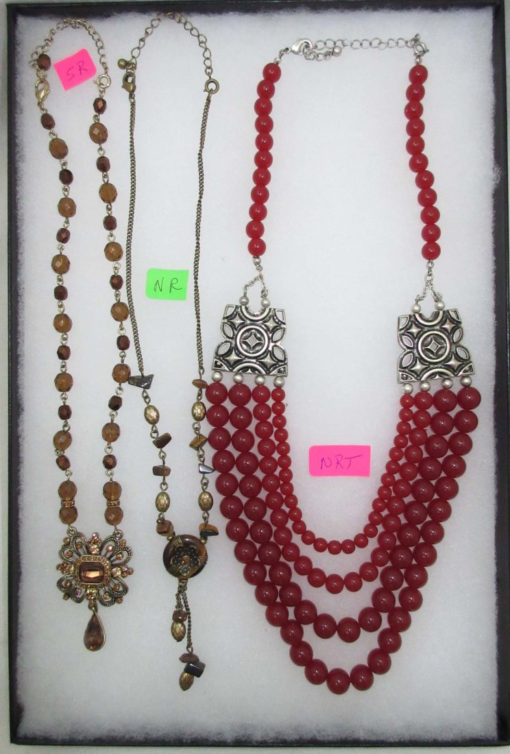 Sgnd. Tiger's Eye, Lucite Carnelian Bead Necklaces: Inc. 21"- 4 Strand Lucite Carnelian Bead Necklace Sgnd NRT. 16" Tiger's Eye Necklace w/2 3/4" Drop Sgnd NR & 16" Topaz Crystal Bead Necklace w/ 2" Topaz Rhinestone Drop.