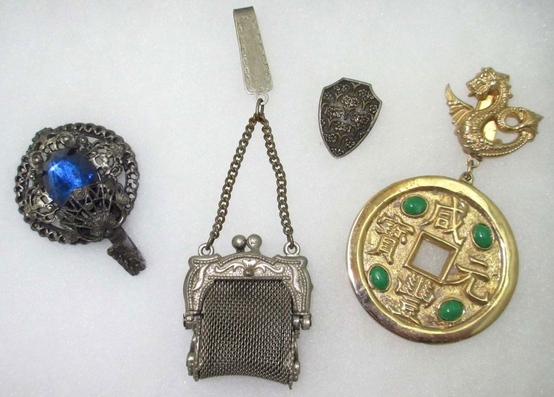 3 Chatelaine Pc.'s - Purse, Holder: Inc. 2 1/8" Pot Metal Filigree & Blue Glass Stone Chatelaine Pc.,4 1/4" Purse, 3 1/4" Chinese Motif Belt Adornment + Silver Button Cover.