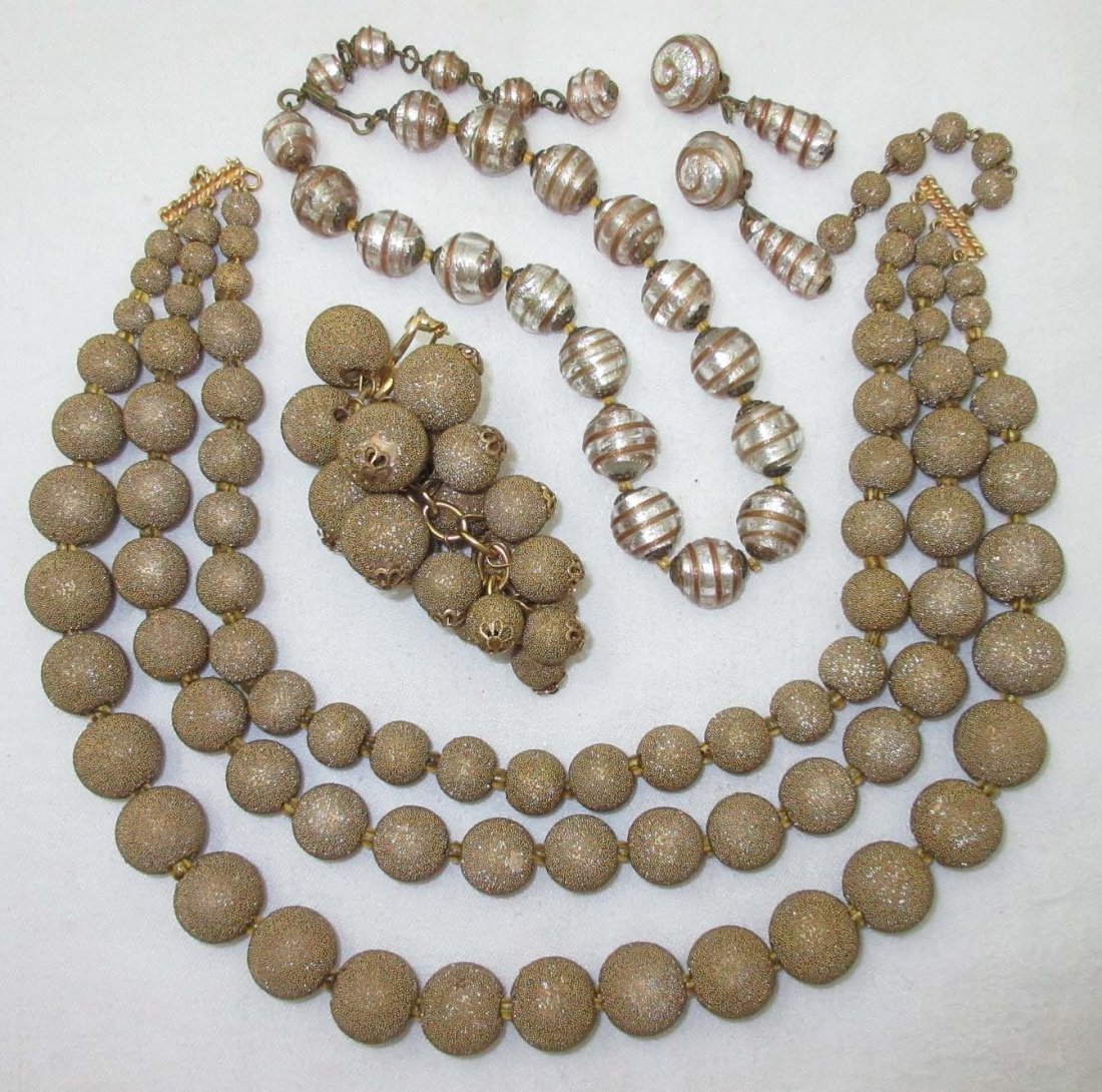 Great Vintage Art Glass Textured Bead Choker Sets: Inc. 16" Art Glass Foiled Gold Fluss 20mm Bead Choker w/ Matching 1 3/4" Earrings. 18" - 3 Strand Gold Textured Bead Choker w/ Matching 3 7/8" Brooch.