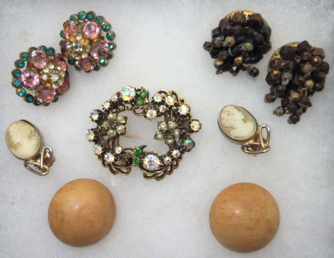 Miriam Haskell, Florenza + More Jewelry Repurpose: Inc.1 1/8" Wooden Miriam Haskell Earrings, 1 7/8" Florenza Brooch For Repurposing +3 Others Pr.'s of Earrings For Harvesting.