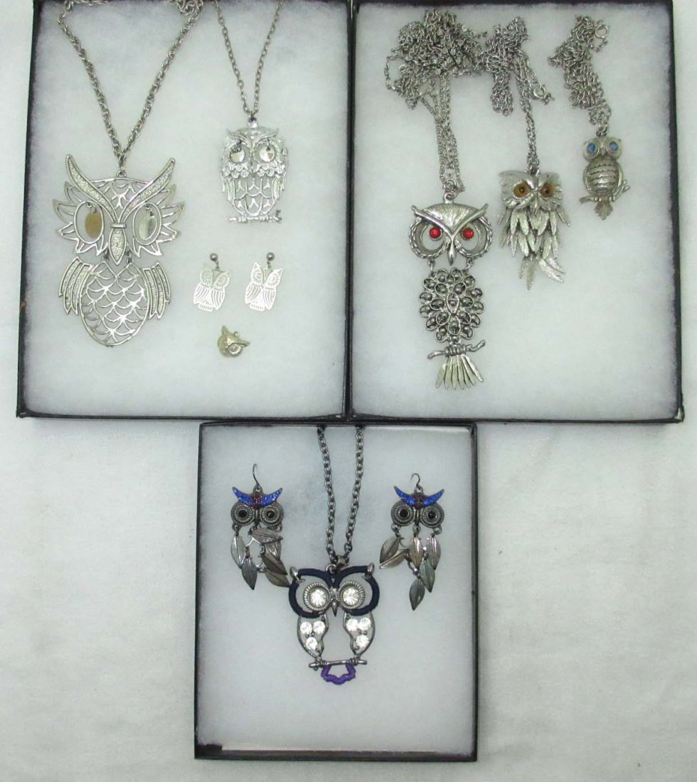 8 Nice Silvertone Owl Jewelry Coll: Inc. Purple/Rhin Owl's, Dimensional. Nice Jewelry