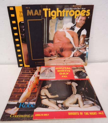 5 S&M Gay Interest Magazines: Tightrope no.1, The Care and Training of the Male Slave, Brutal Birthday, Manpower, Portfolio of David Warner Films